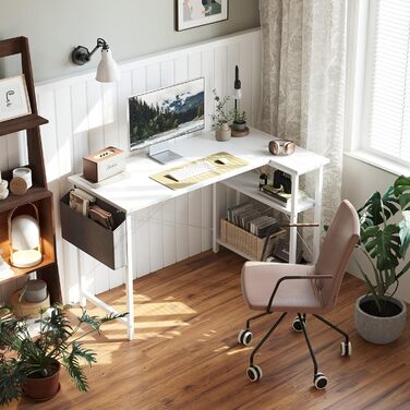 Комп'ютерний стіл CubiCubi 120×70 см, L-подібний, з полицями, білий, для дому та офісу