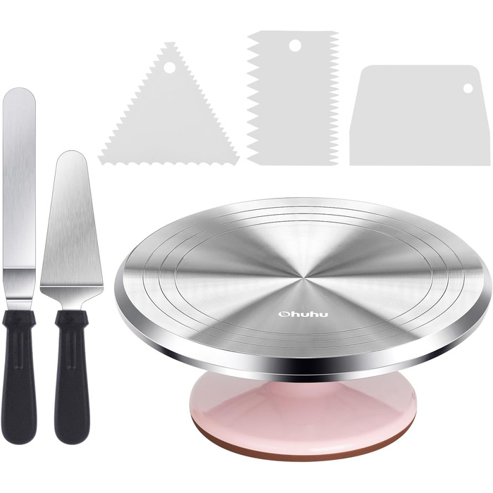 Ohuhu Поворотна платформа для тортів, 30 см, алюмінієвий сплав, 2 шпателі та 3 скребки, для декорування тортів та випічки, подарунок для кондитерів (Рожевий)