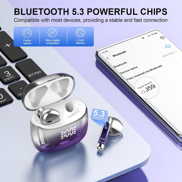 Навушники-вкладиші Bluetooth 5.3 з мікрофоном ENC, стерео HiFi, глибокі баси, світлодіод, водонепроникність IP7 (фіолетовий)