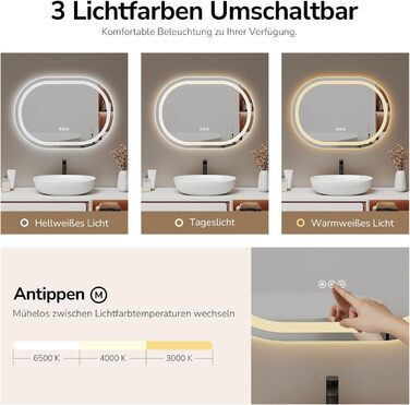 EMKE Дзеркало для ванної кімнати з підсвічуванням 50x90 см овальне з сенсорним вимикачем, 3 кольори світла, регулювання яскравості, антизапарник, функція пам'яті, автоматичне вимкнення через 3 години