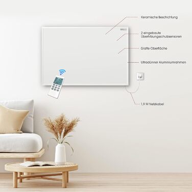 Інфрачервовий обігрівач Byecold 580 Вт з термостатом, настінний, білий + пульт, енергозберігаючий, захист від перегріву