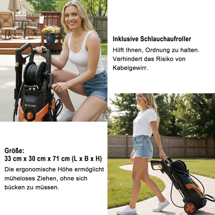 Високотискний мийник 180 бар, 6-в-1 насадка, продуктивність 420 л/год, площа очищення 50 м²/год, економний, з піночистою та барабаном для шлангу, для авто та під'їздів, червоний