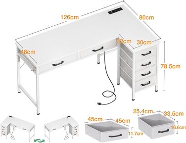 Комп'ютерний стіл Coleshome L-подібний з 6 шухлядами, білий, 126x80 см