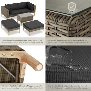 Тектейк® Набір садово-розкладних меблів з ротангу Outdoor Lounge на 5 місць, з кутовим кріслом, пуфом, столиком, комплект для відпочинку, з подушками для сидіння та спинки (Натуральний)