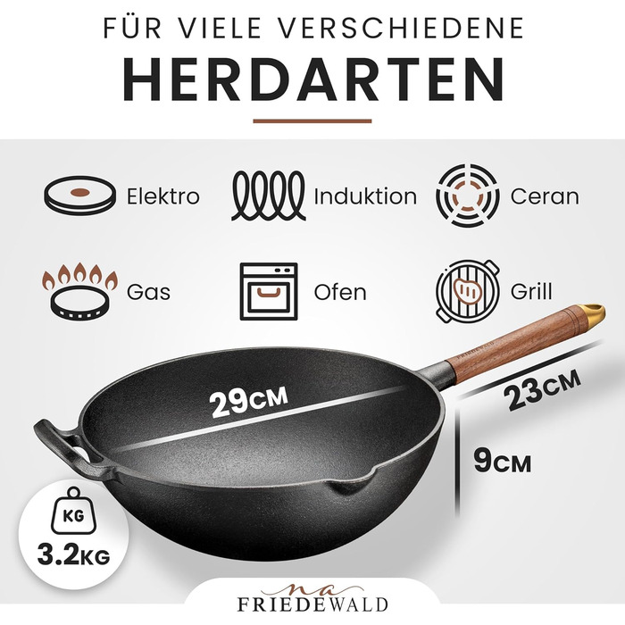 Вок з чавуну Friedewald® з кришкою, 29 см, для 2-4 осіб, сумісний з індукцією, для всіх плит, антипригарне покриття, високий борт, каструля-сковорода