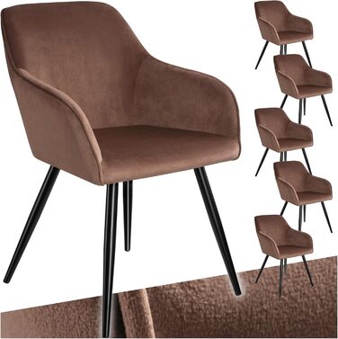 Крісло Tectake® для вітальні та обідньої кімнати з підлокітниками, м'яке крісло з оксамитовою подушкою, коричнево-чорне (6 шт. в наборі)