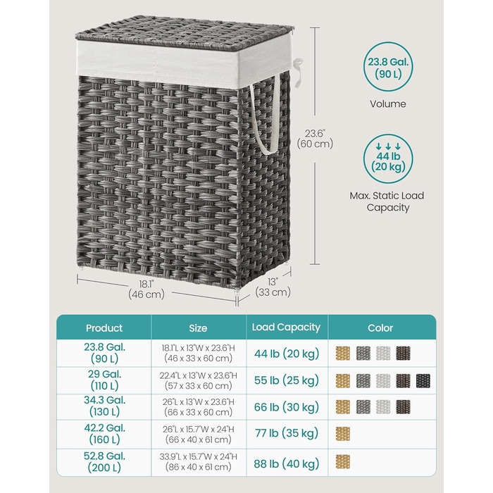 Кошик для білизни Songmics з кришкою, 90 л, сірий, з 2 змінними вкладами та 6 мішечками, плетений, для ванної кімнати, 33 x 46 x 60 см