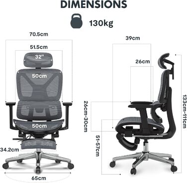 Офісний стіл FLEXISPOT C7 Lite-Mesh: ергономічний крісло з 3D підлокітниками, 3D підголівником та 5D спинкою. Макс. навантаження 130 кг, сірий колір.