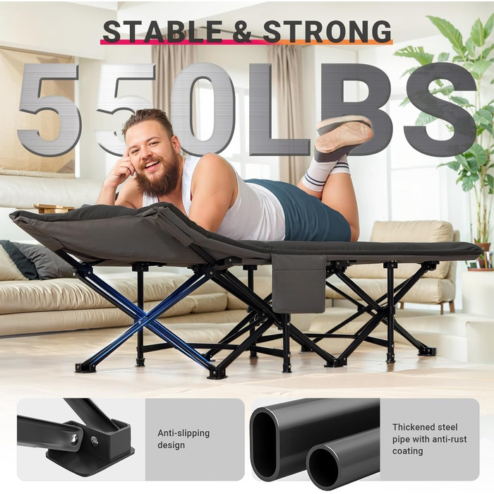 Розкладне кемпінгове ліжко OVERMONT з матрацом, 190x70x40 см, витримує до 250 кг, тканина Оксфорд, з кишенею та сумкою для перенесення, чорне