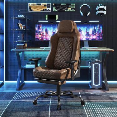 Крісло ігрове WOLTU, офісне ергономічне, з інтегрованим губчастим наповнювачем, підтримкою попереку, підставкою для ніг та підлокітниками, вінтажне, з штучної шкіри та металевим каркасом, коричневе