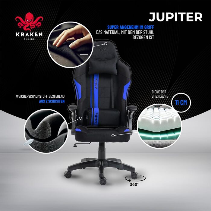 Крісло ігрове KRAKEN CHAIRS, тканинне, ергономічне, для геймерів, чорно-синій, до 130 кг