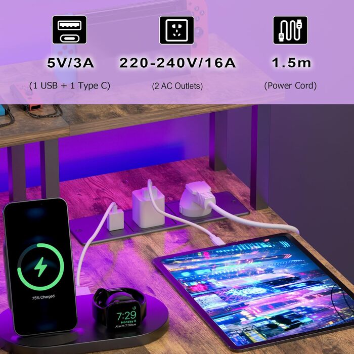 Комп'ютерний кутовий стіл BEXEVUE з розеткою та LED-підсвіткою 120x70 см. Ергономічний кутовий стіл, з відкидною полицею, для роботи, навчання та геймінгу, коричневий.