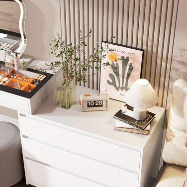 Тюль для макіяжу BROTTAR з регульованою LED-підсвіткою, туалетний столик зі дзеркалом, тумбочка з 5 висувними ящиками, кутовий туалетний столик, L-подібний, кутовий туалетний столик зі скляною стільницею, білий, стиль A