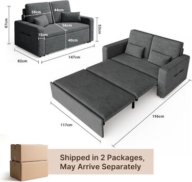 Диван-ліжко Xbro з висувною спальною поверхнею, 147x196x87 см, 2-місний, з 4 колесами, сучасний велюровий диван-ліжко, темно-сірий