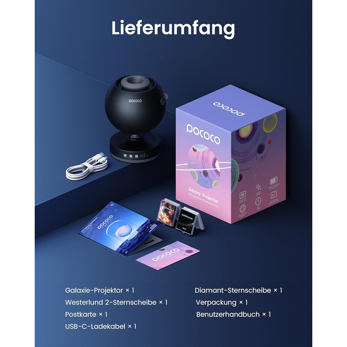 Проєктор зоряного неба POCOCO Sternenhimmel, LED Галактика для дітей та дорослих, Планетарій з 2 дисками, Нічник-Аврора, Таймер, для сну та релаксації (Чорний)
