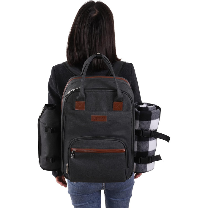 Набір для пікніка на 2 особи ALLCAMP: рюкзак, десерна тарілка, столові прибори, флісова ковдра, тримач для пляшки/вина (чорний)