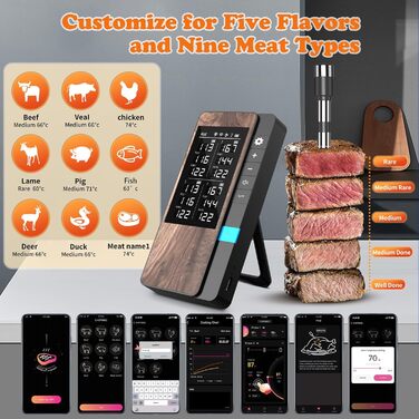 Бездротовий набір термометрів для м'яса (4 шт.) з Bluetooth, водонепроникні (IP67), для приготування на грилі, в духовці, мангалі, ротатерії, фритюрниці