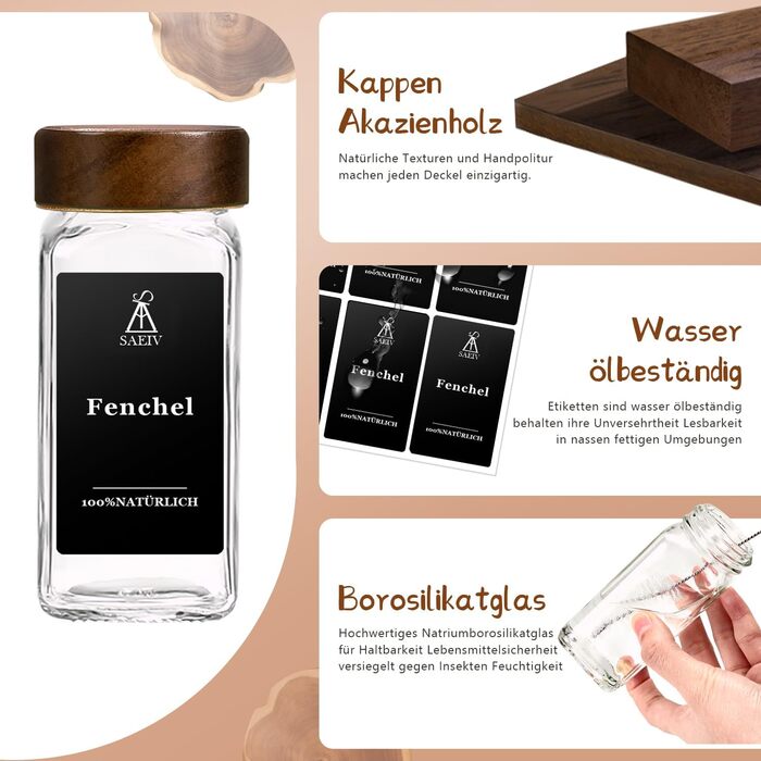 Набір скляних баночок для спецій з кришками з акації | 24 шт. | 120 мл | Організатор для спецій | Скляні контейнери для спецій з етикетками