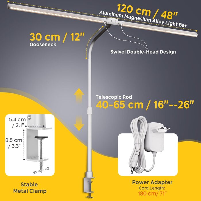 LED настільна лампа EYOCEAN 24W з гнучкою ніжкою та сенсорним керуванням для роботи, читання та дизайну, 80 см, білий колір