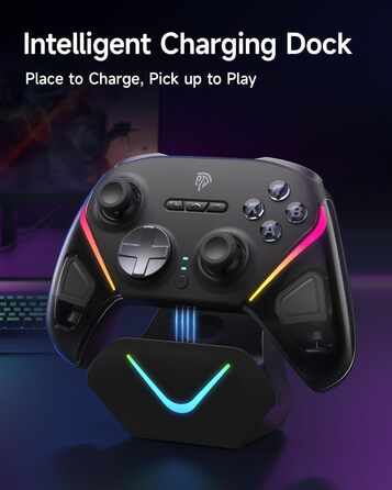 EasySMX D10 Контролер для ПК з зарядною станцією, бездротовий контролер з TMR джойстиком та 2-в-1 тригером, 1000Hz Polling контролер з RGB підсвічуванням для ПК/Switch/Android – Чорний