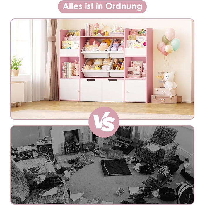 FOREHILL Дитяча полиця для іграшок та книг, стелаж для дитячої кімнати з 4 ящиками, рожевий (126x30x104 см)