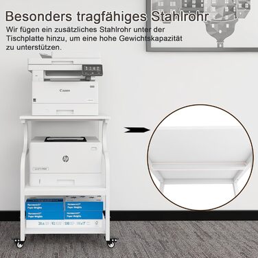 Регульований стіл для принтера PUNCIA з 3 ящиками, 60 x 50 см, на коліщатках, з дерева та металу, білий