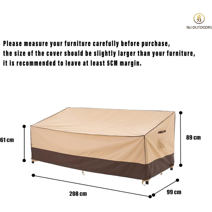 Накладка для садово-патіо меблів F&J Outdoors: водовідштовхувальна, захист від сонця, для 3-х місць, 208x99x61/89 см, бежева