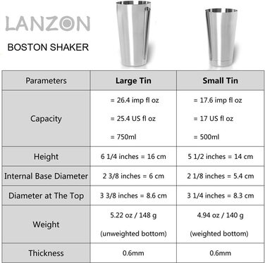 Шейкер для коктейлів Lanzon Boston набір шейкерів з нержавіючої сталі з 2 предметів, набір шейкерів для коктейлів об'ємом 500 мл 750 мл для всіх професій