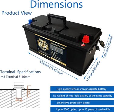 Акумулятор PUPVWMHB LifePO4 12V 100Ah 1280Wh LiFePO4 з BMS 100A, 400015000 циклів, USB