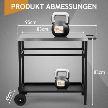 Гриль-вагон LEADZM - гриль-стіл для вулиці, 95 x 45 x 83 см, стіл з нержавіючої сталі срібного кольору, на колесах, мобільний, сервірувальний візок для садів, чорний, 95x45x83 см
