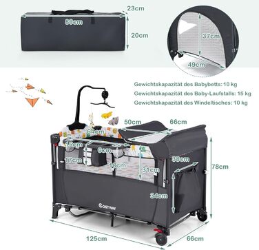 Дитяче ліжко-манеж COSTWAY 120x60 см з матрацом, пеленальним столиком, іграшками та музичною шкатулкою, сірий колір