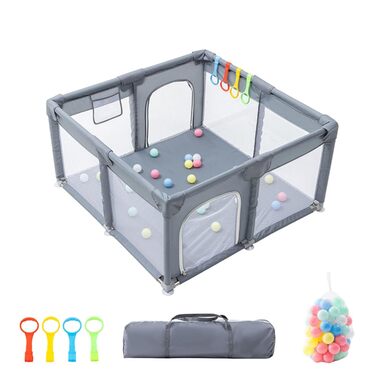 Дитячий манеж GLOKID 150 x 180 см з м'якими захисними елементами та сіткою, з м'ячиками та кільцями для ігор