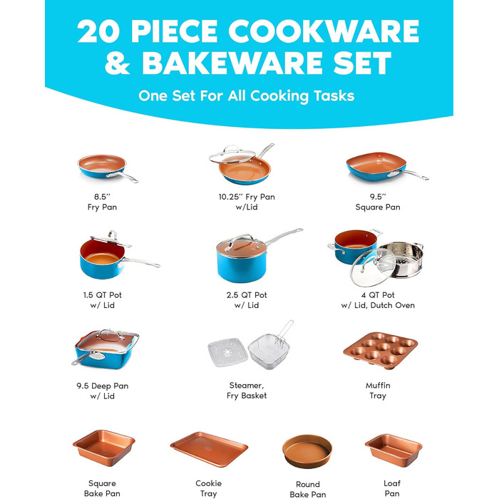 Набір кухонного посуду Gotham Steel з антипригарним покриттям, керамічно-мідним покриттям - сковорідки, каструлі, глибокий квадратний кошик для смаження, блакитний