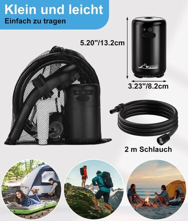 Портативна душова кабіна WADEO для кемпінгу з акумулятором та помпою, 10 режимів, акумулятор 6000 mAh (3 години роботи), подвійний цифровий дисплей, для відпочинку на природі, у саду та в подорожах (чорна)