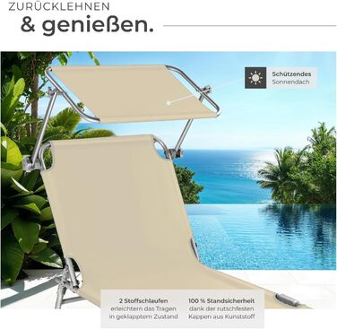 Лежак для саду Tectake з сонцезахистом, розкладний, для балкону/тераси, з регульованою спинкою, пляжний, до 110 кг, сірий (Бежевий | № 400656)