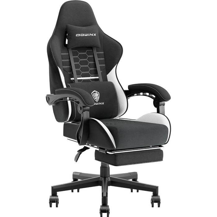 Ігровий крісло Dowinx з підголівником та підставкою для ніг, тканинне, з масажем, чорно-біле, ергономічне