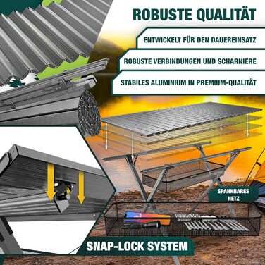 Складаний столик KESSER® для кемпінгу з алюмінієвим каркасом, регульована висота 90x53 см, до 100 кг, з сумкою та сітчастою кишенею (145x70 см, антрацит)