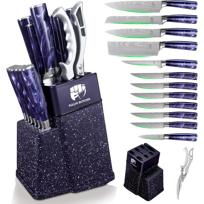 Набір кухонних ножів Fullhi 14 предметів з бруском та чохлом, набір кухонних ножів для приготування стейків, кольорова ручка (фіолетовий смоляний)