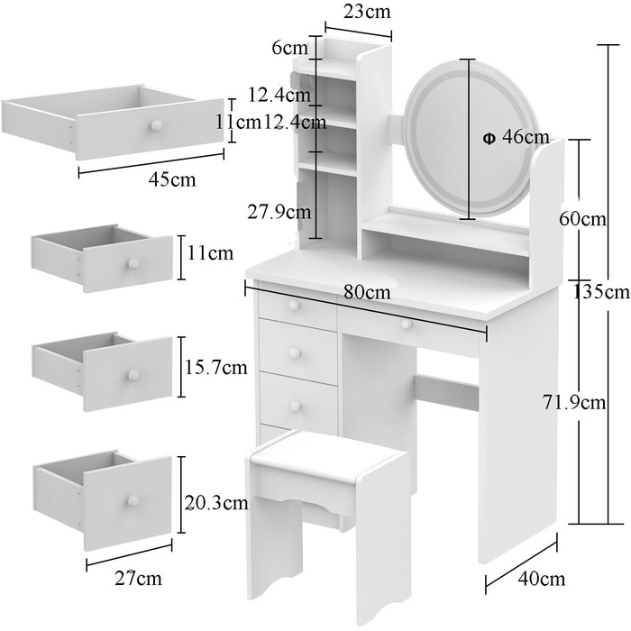 Туалетний столик зі світлодіодом, 5 ящиків, дзеркало, табурет, білий, 80x40x135 см (0004)