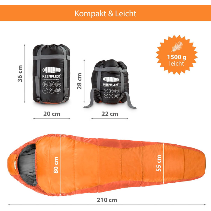 KeenFlex Спальний мішок 3-4 сезони, від +7,2°C до -23,4°C, 1500г/2150г, для літа й зими, машинне прання