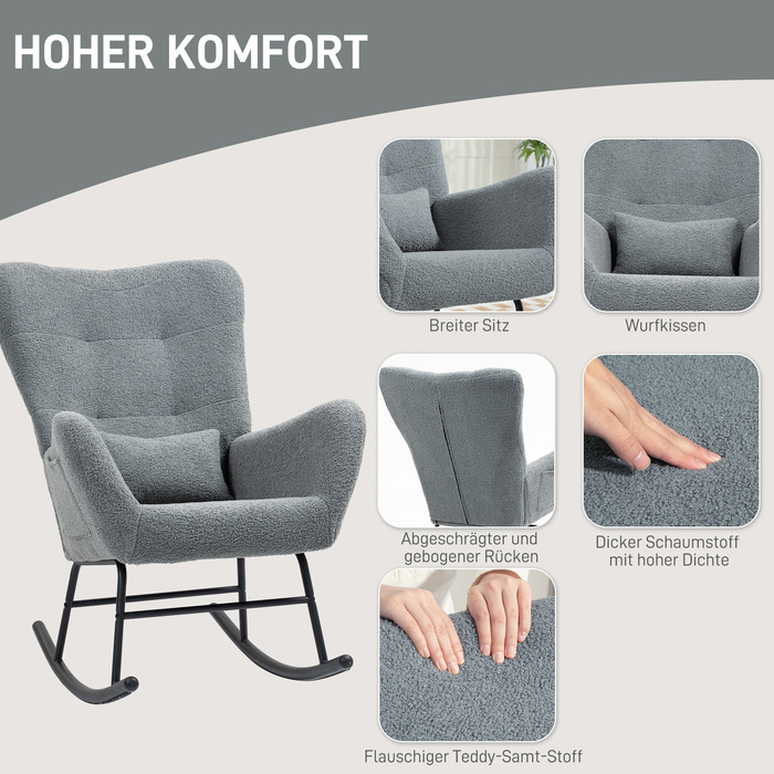 Крісло-гойдалка HOMCOM, крісло-качалка з ефектом плюшевої тканини, підлокітники, крісло без механізму гойдання з дерев'яними ніжками, подушка для попереку, крісло для відпочинку з бічною кишенею для вітальні, спальні, сірого кольору | Aosom