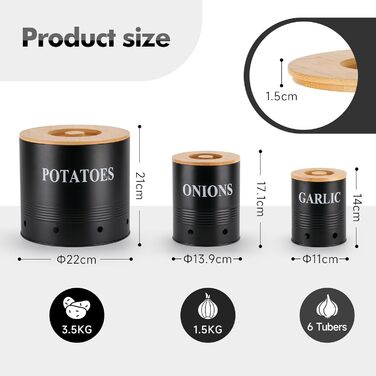 Набір контейнерів для зберігання картоплі, цибулі та часнику Lannvan | 3 шт. з бамбуковим кришками | З вентиляцією та захистом від світла (чорний)