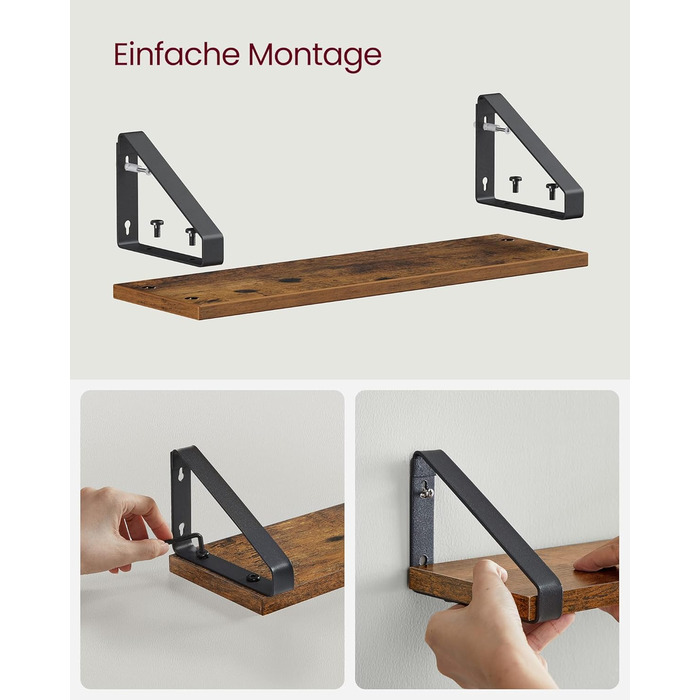 Настінна полиця VASAGLE, 6 шт. у наборі, 30/35/40 см, вінтажний коричневий + матовий чорний, для вітальні, кухні, кабінету, ванної кімнати