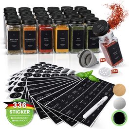 Набір баночок для спецій, 24 шт., чорний колір | Організатор для спецій з 336 етикетками | Кухонне зберігання спецій | Сучасний набір баночок для спецій з кришками-ситами