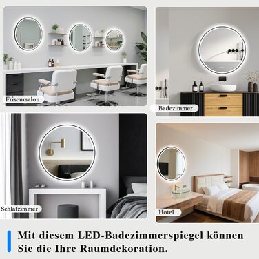 Дзеркало для ванної кімнати з підсвічуванням LED, кругле, 50 см, сенсорне керування, регулювання яскравості, функція пам'яті, захисне скло HD, захист від вибуху, Bluetooth, антизапар, металевий каркас, 60x60 см