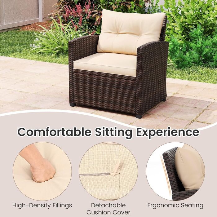 Садовий набір меблів GIANTEX з ротангу для балкона та тераси: 2 крісла та стіл, коричневий ротанг + коричневі подушки