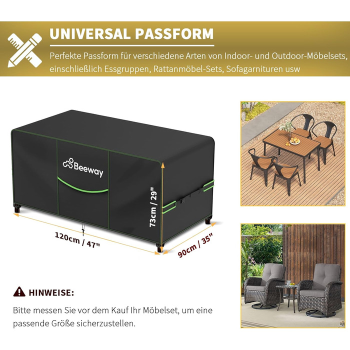 Чохол для садово-патіо меблів BEEWAY V2.0, 300x250x102 см, водовідштовхуючий, захист від УФ, зимовий, чорний