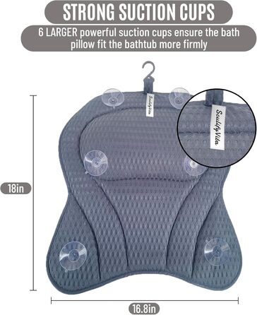 Подушка для ванни з піни memory foam, антиковзка, для шиї та спини, 4D вентиляція, 6 присосок, сіро-метеликовий колір