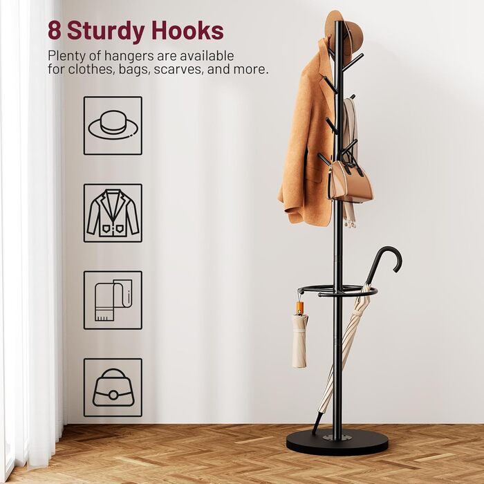 Настінна вішалка для одягу SLEEPING LAMB з 8 гачками, дерев'яний постамент, для прихожей, вітальні, спальні, офісу, чорного кольору