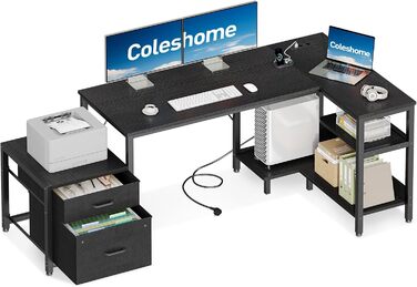 Комп'ютерний стіл Coleshome L-подібний з ящиками, розеткою, 160x80 см, білий (чорний)